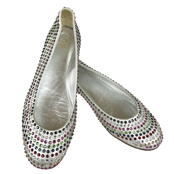 Giuseppe Zanotti Metallic Silver Flats Multicolor Beaded Leather Shoes Women’s - Picture 1 of 16